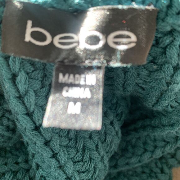 Bebe Cable-Knit Tunic Top Sweater Y2K Off-The-Shoulder Long Sleeves Teal Medium - Picture 5 of 13